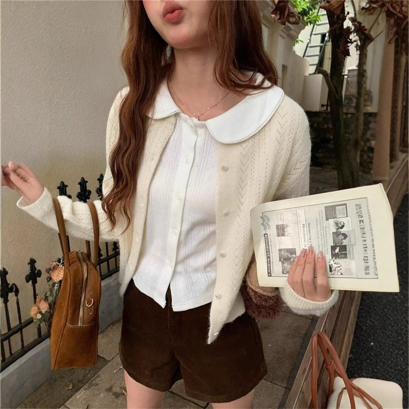 Korean Style Retro White Doll Collar Shirt for Women Autumn New Layered Bottoming Short Shirt Long-Sleeved Top Slim Fit