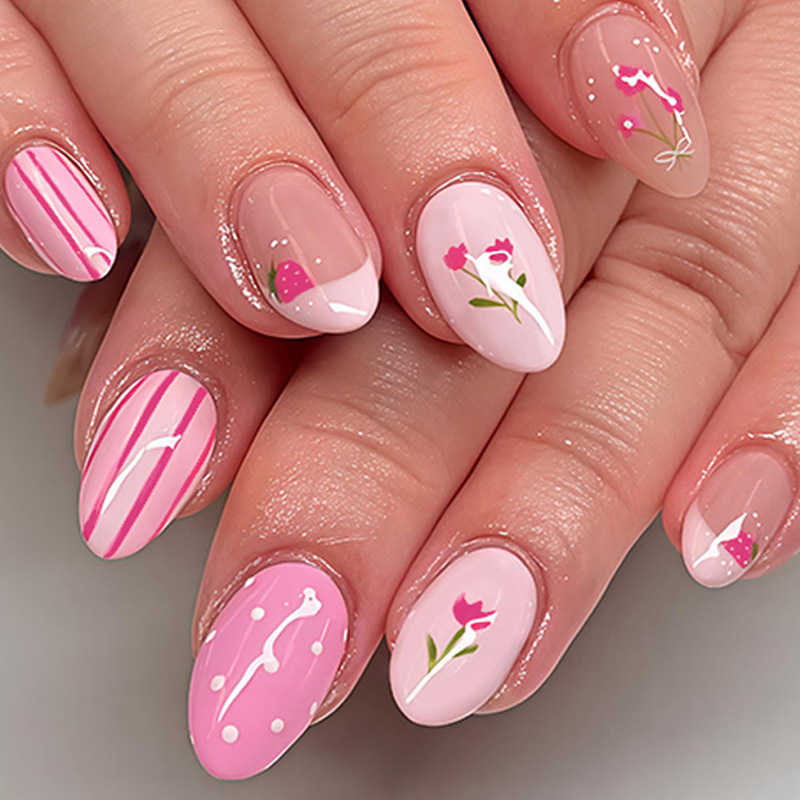 Cross-Border Spring and Summer Wearable Nails, Cute Strawberry Tulip Fake Nails, Striped Polka Dots, French Pink Manicure Cross-Border Spring and Summer Wearable Nails, Cute Strawberry Tulip Fake Nails, Striped Polka Dots, French Pink Manicure