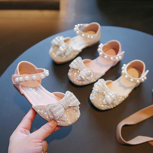 Sweet Lady Princess Shoes 2023 Summer Hollow Single-layer Shoes Girls Dance Shoes Pearl Rhinestone Shallow Mouth Butterfly Leather Shoes