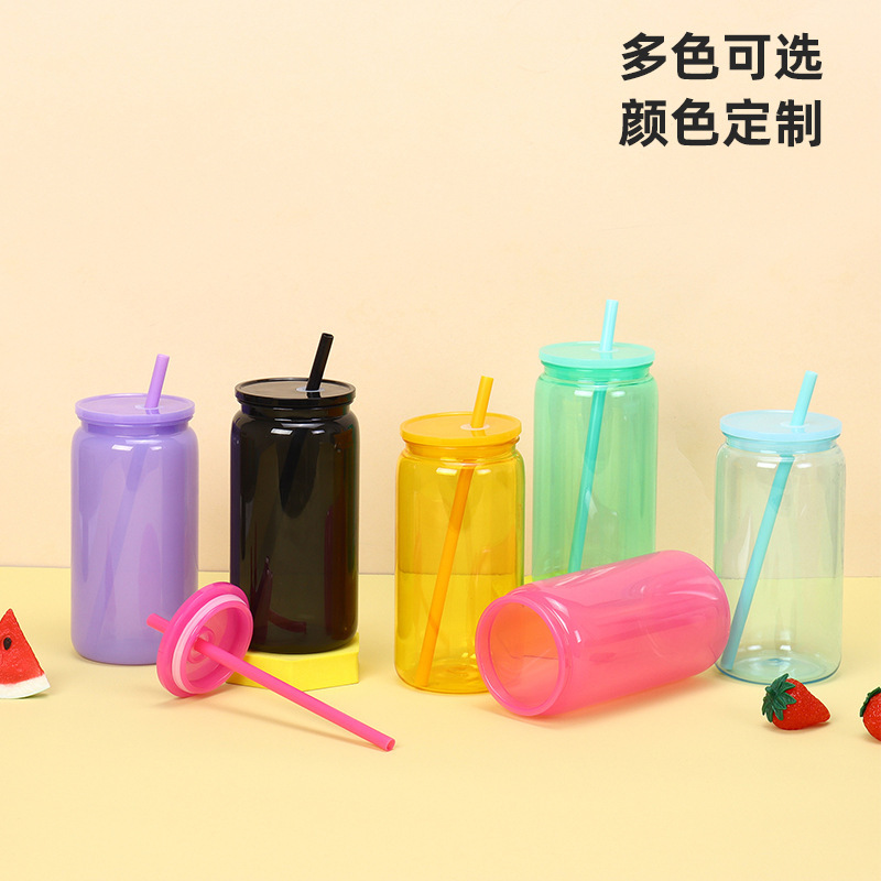 跨境透明彩色PC塑料梅森杯16oz双层塑料水杯户外随手定制水杯图案|undefined