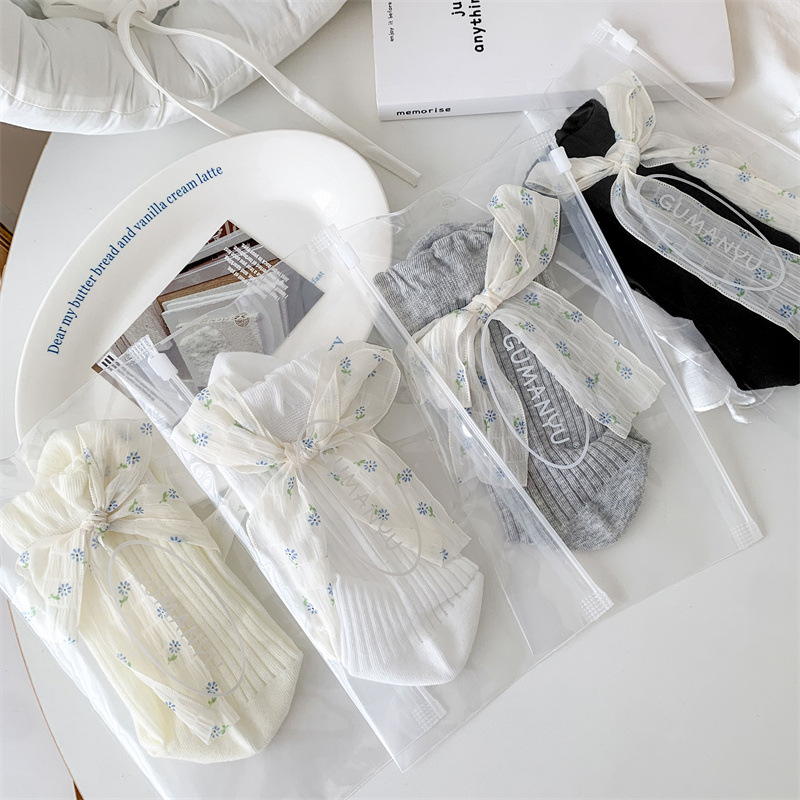 Floral Bow Mid-Calf Socks for Women, Spring/Summer Thin Mesh Striped Atmosphere Korean Style Girl's Lace Slouch Socks