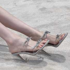 现货！34码清仓！银色高跟鞋露脚趾仙女风蝴蝶结水钻细闪外穿凉拖