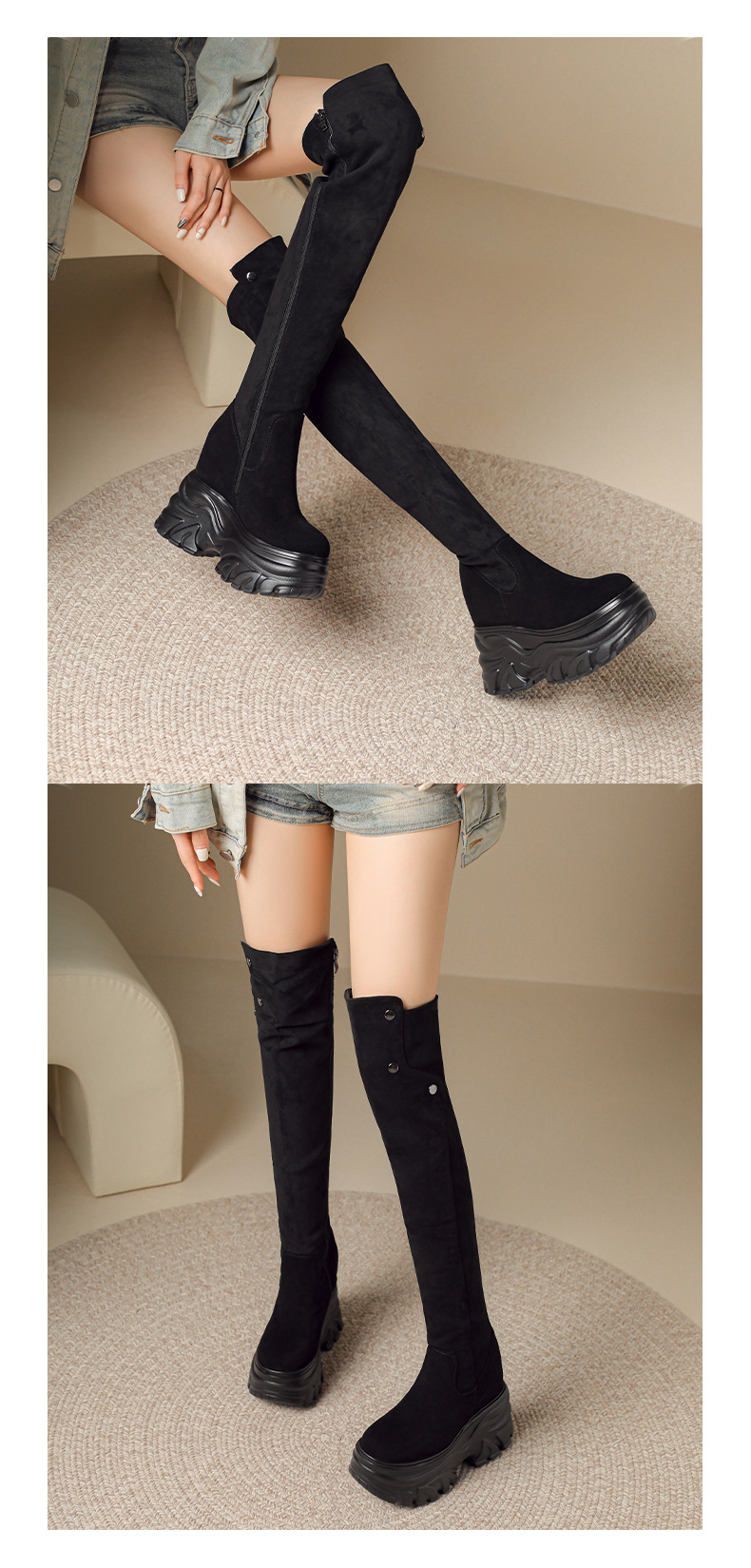 Boot nữ cổ cao ôm bắp chân da lộn đế tăng chiều cao 14 cm — 1638 Da lộn đen lót nhung chi tiết 5