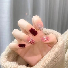 White wine red wearable nails, small fragrance, nail art patches, pearl fake nails, nail patches, finished products