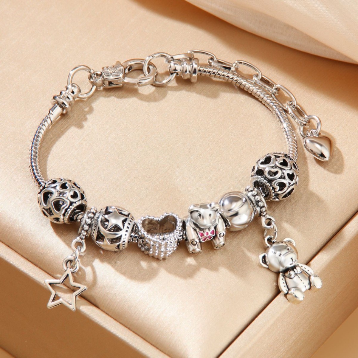 Bear Charm Bangle Bracelet, Personalised Handmade Glass Jewellery_voghion.com