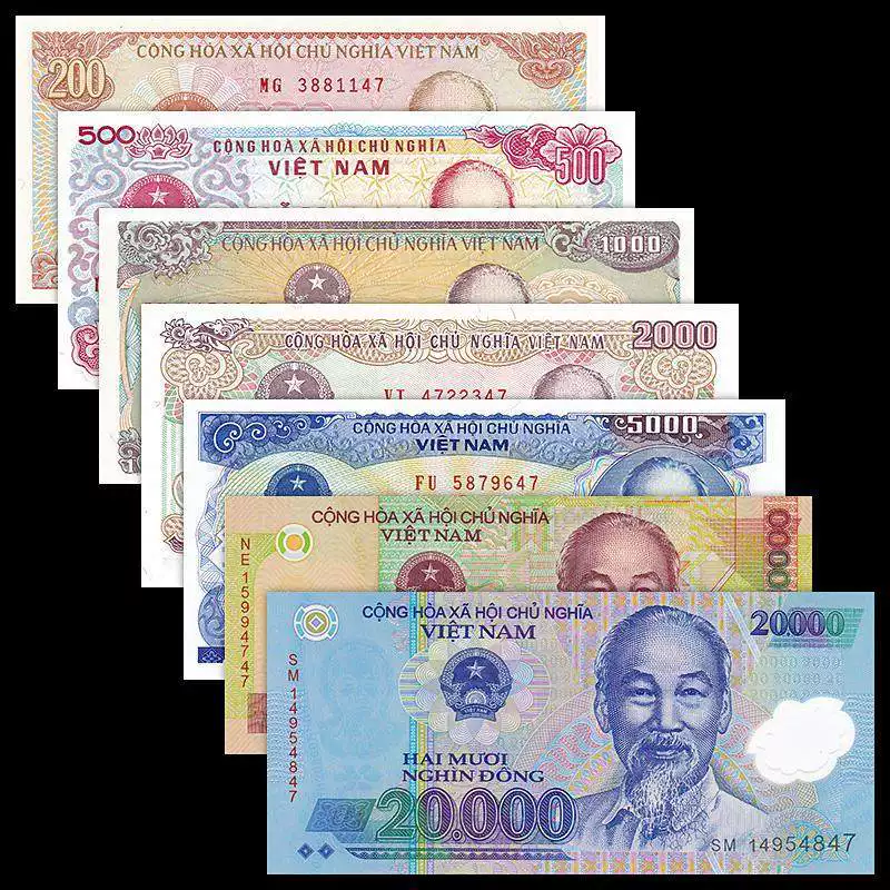 เวียดนาม ชุดธนบัตรครบ 7 ใบ มูลค่า 200 ดอง - 22,000 ดอง ธนบัตรพลาสติก ของใหม่เอี่ยม สกุลเงินต่างประเทศจากเอเชีย