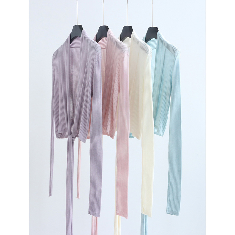 French-Style Tie-Up Tencel Knit Cardigan with Lazy Towel Collar, Summer Lyocell Sun-Protective Outerwear for Women
