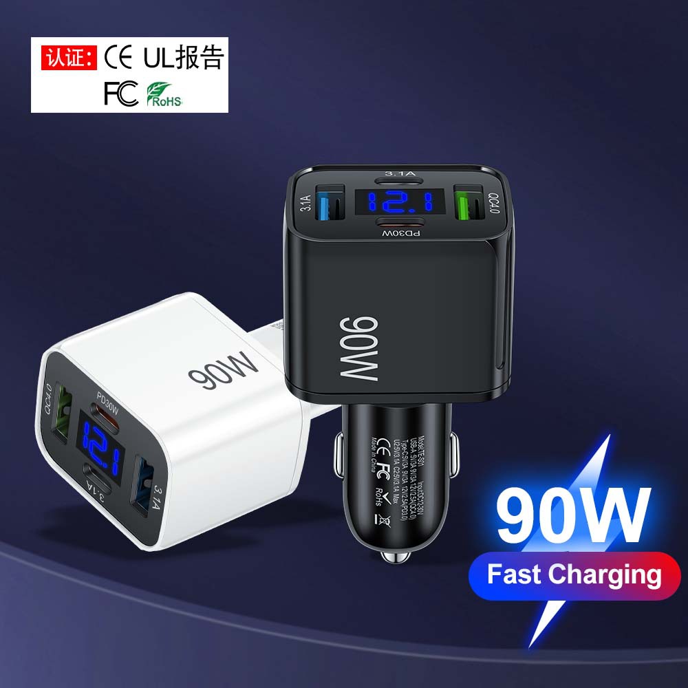 带LED电压显示 2USB+2PD方形一拖四快充手机车充车载充电器 跨境