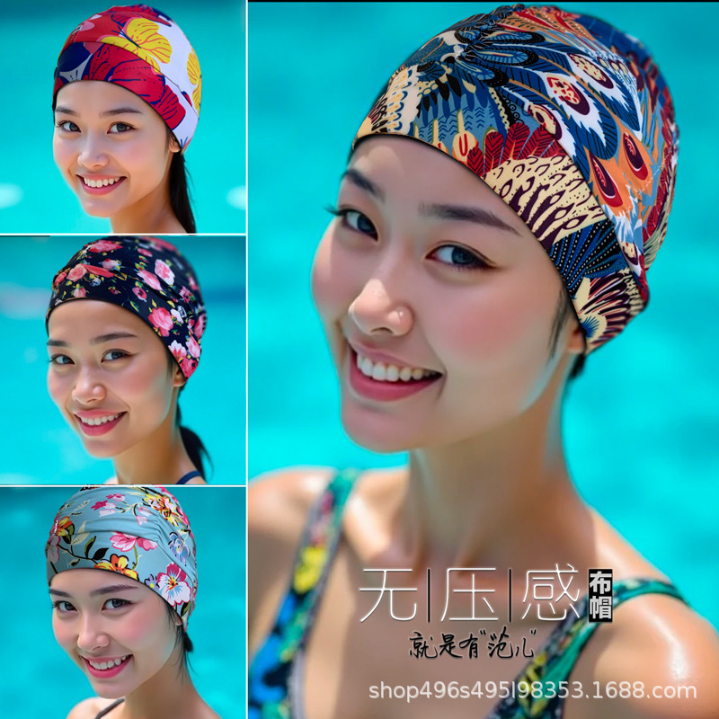 Factory wholesale pleated cloth swimming cap enlarged head circumference long hair ear protection swimming hot spring unisex swimming cap