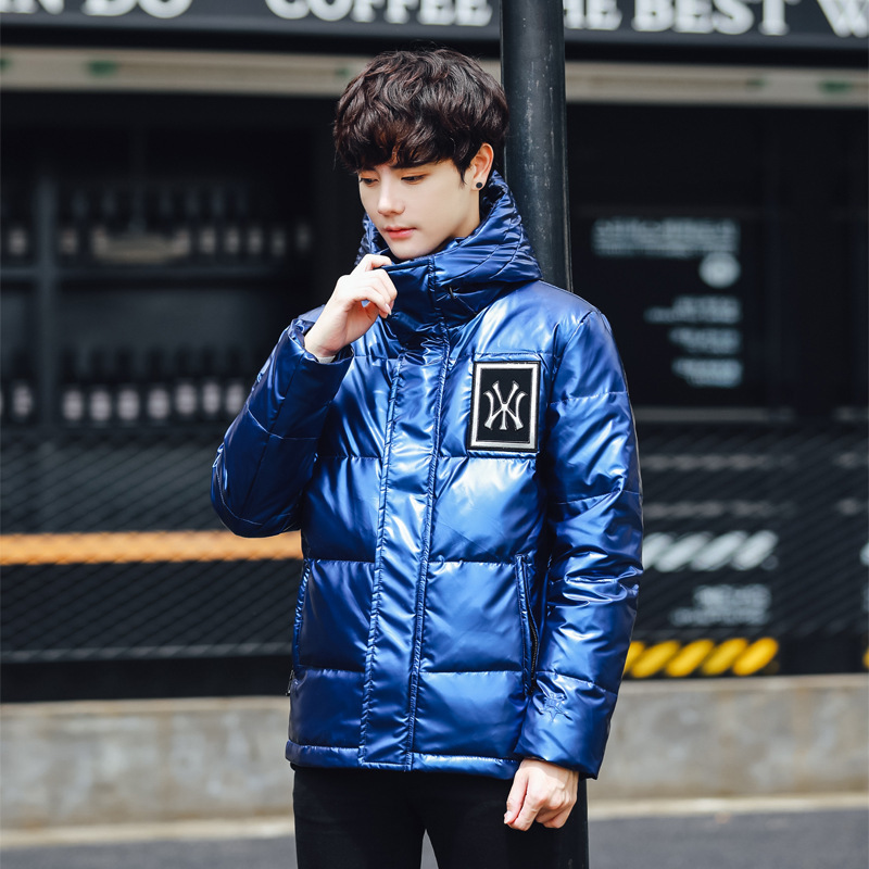 Men's glossy short warm down jacket for leisure with hood