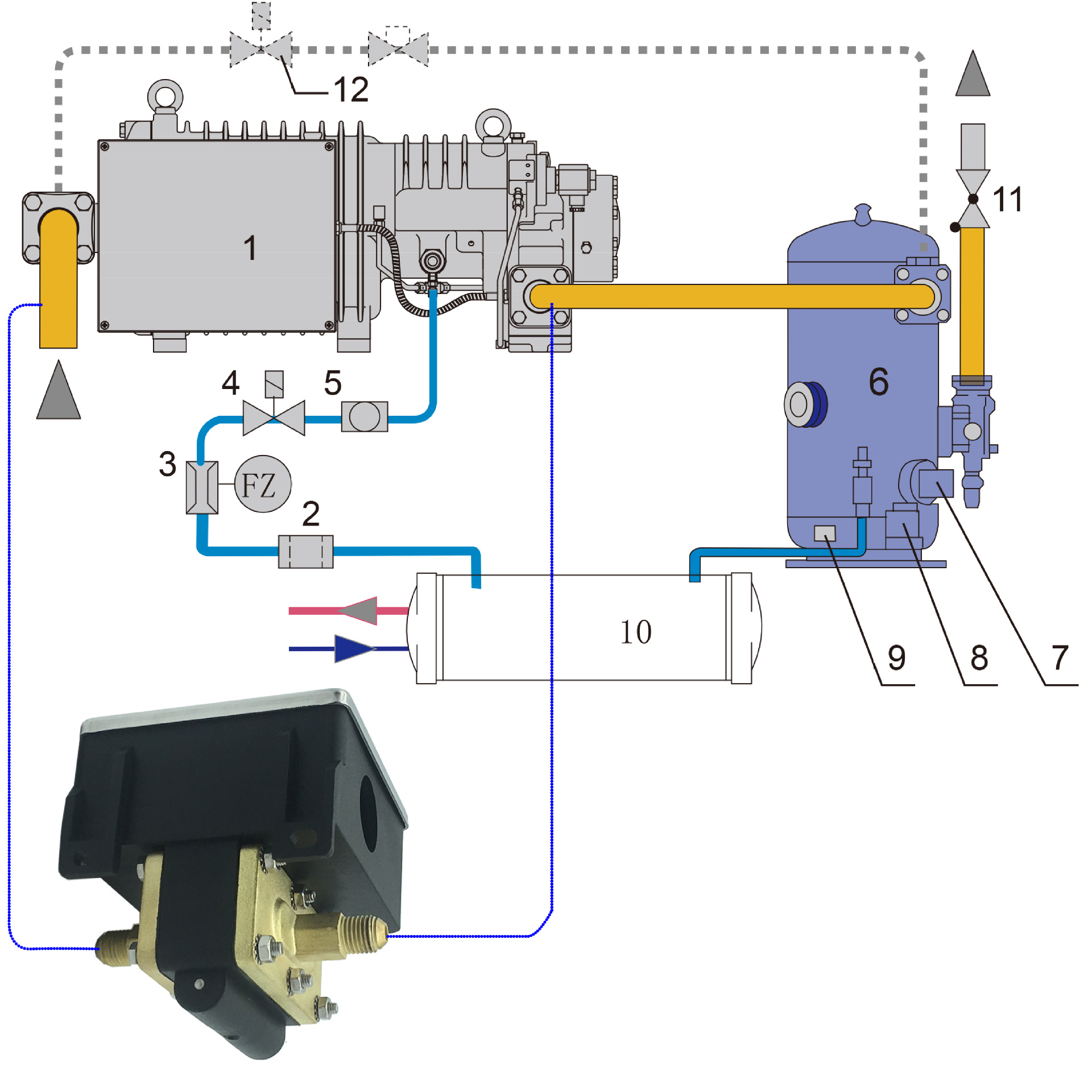 0.3~4Bar螺杆压缩机油压差下降超过设定值时，输出报警或切断功能