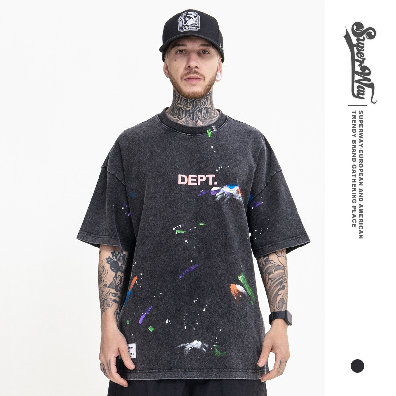 Ropa para Hombre FG | Camiseta de Manga Corta Holgada Vintage con Estampado de Tinta Hecha a Mano, Colorida, de Moda Urbana, Nueva Colección Primavera/Verano 2025 para Hombre