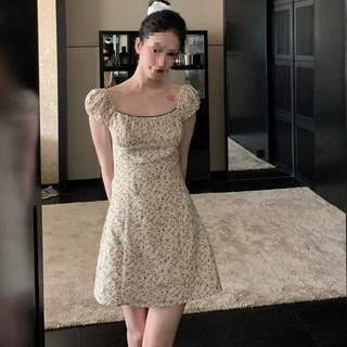 夏季方领碎花泡泡袖连衣裙女小个子气质法式温柔收腰显瘦A字短裙