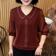 秋季新款2025妈妈装花边翻领纯色烫钻显瘦百搭气质减龄t恤中老年