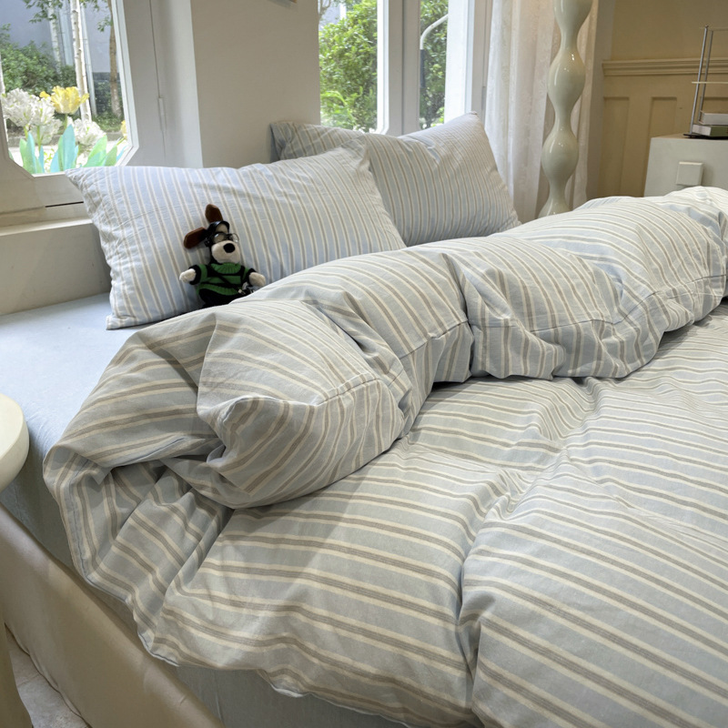 Unprinted Style Washed Cotton Bed Bed Sheets Four-Piece Set Ins Bedding Simple Quilt Cover Single Piece Quilt Cover Student Dormitory Three-Piece Set 4