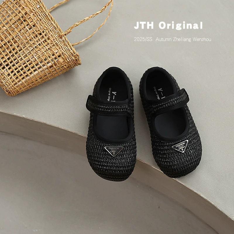 2025 новые осенние девичьи кожаные туфли на низком каблуке, плетеные черные туфли-принцессы для девочек, универсальные туфли с мягкой подошвой и противоскользящей подошвой