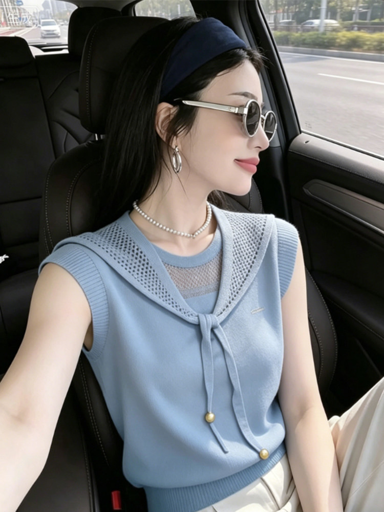 Áo hai dây dệt kim phong cách thiếu nữ ngọt ngào, họa tiết rỗng, tay dây mảnh — Màu xanh da trời