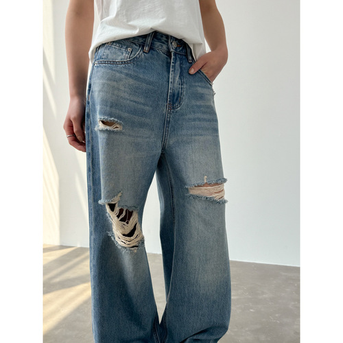 GAGD Women's Summer New Arrival American Retro High-Waist Loose Wide-Leg Floor-Length Jeans with Fishmouth