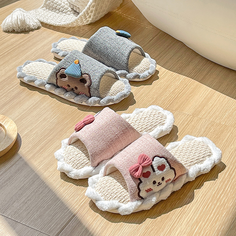 귀여운 만화 린넨 슬리퍼 여성용 사계절 홈 실내 커플 나무 바닥 미끄럼 방지 코튼 린넨 슬리퍼 남성용