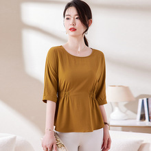 2024春季新款圆领蝙蝠袖雪纺衬衫女纯色通勤宽松藏肉七分袖衬衣
