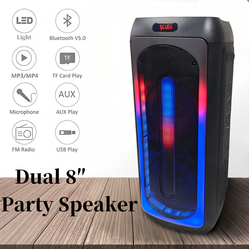 Outdoor Portable Dual 8inch Speaker System for Karaoke and Square Dancing, Wireless Bluetooth Subwoofer, Integrated Audio Amplifier