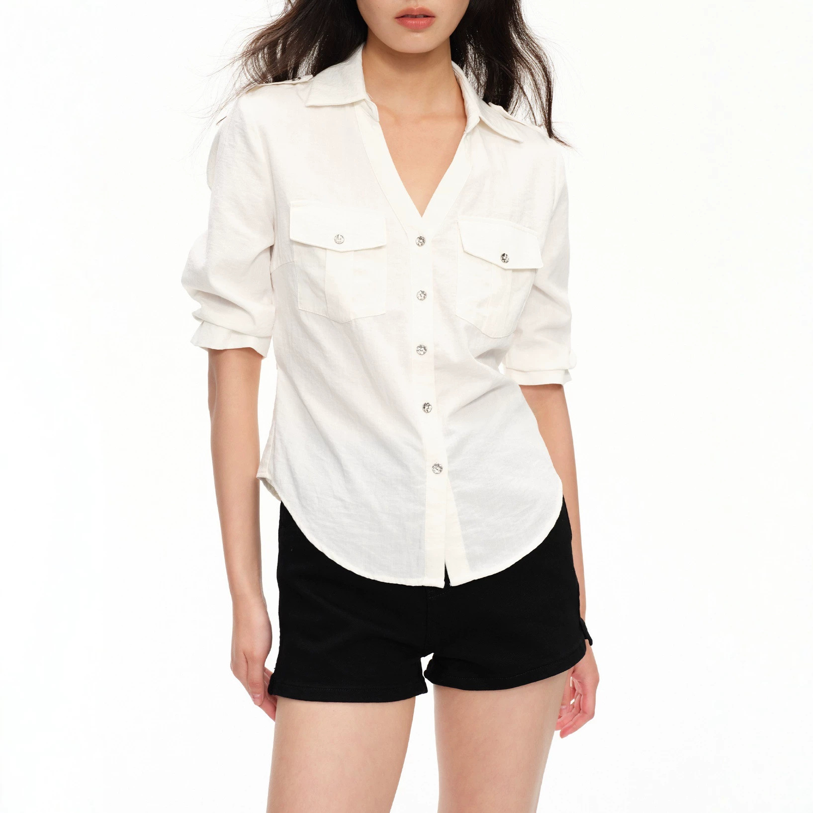 BESOBFR Tencel Linen White V-neck Three-quarter sleeve Shirt for Women, Elegant Loose Fit Casual Waist-cinching Blouse