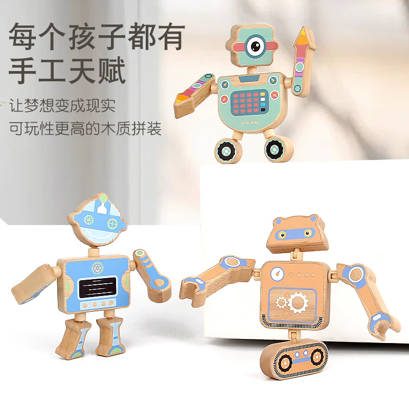 Los niños ensamblan una variedad de robots de madera, bricolaje creativo, bloques de construcción tridimensionales de madera, juguetes de coordinación mano-ojo