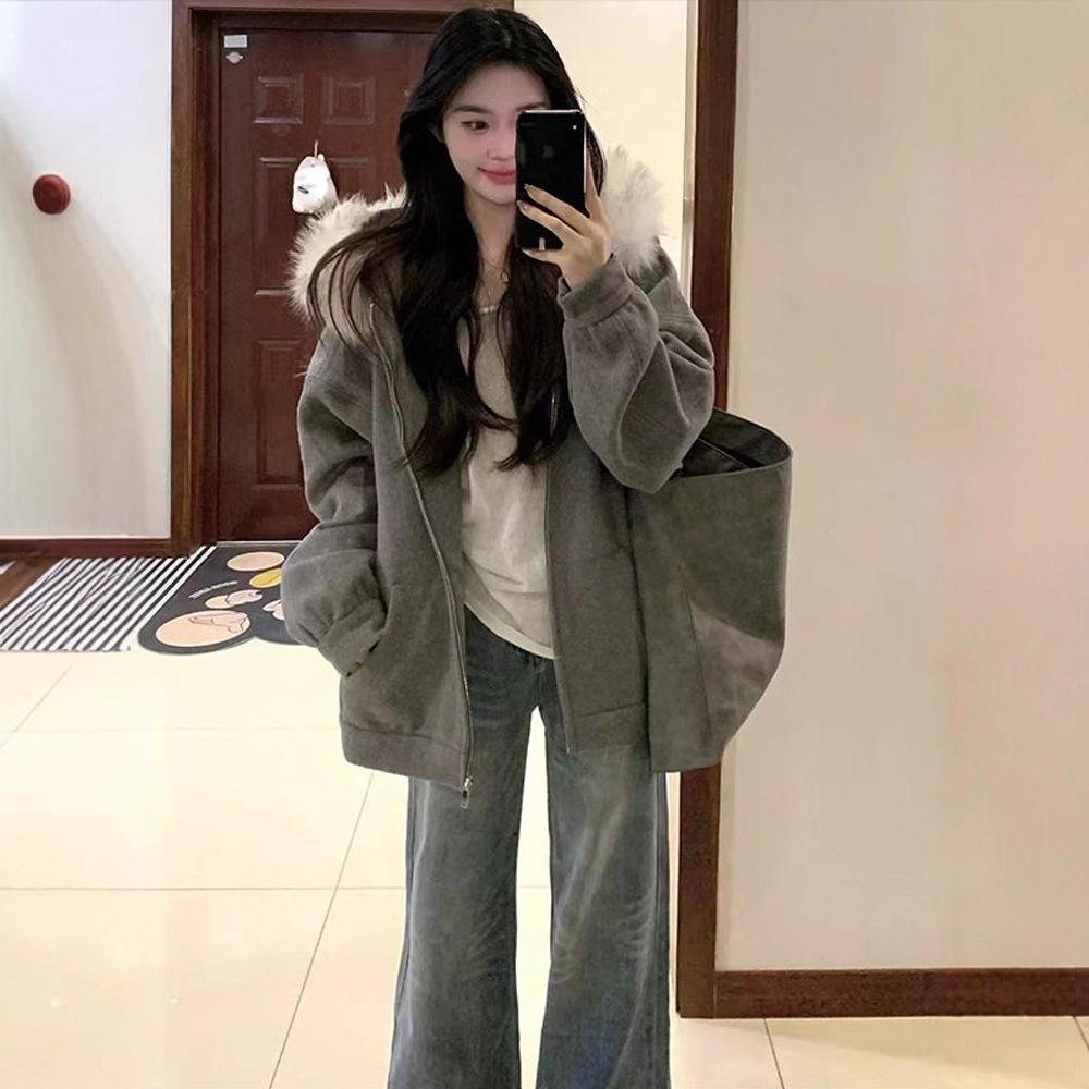 2025新款毛领连帽卫衣外套女春秋宽松美式高街秋冬加绒韩系棒球服