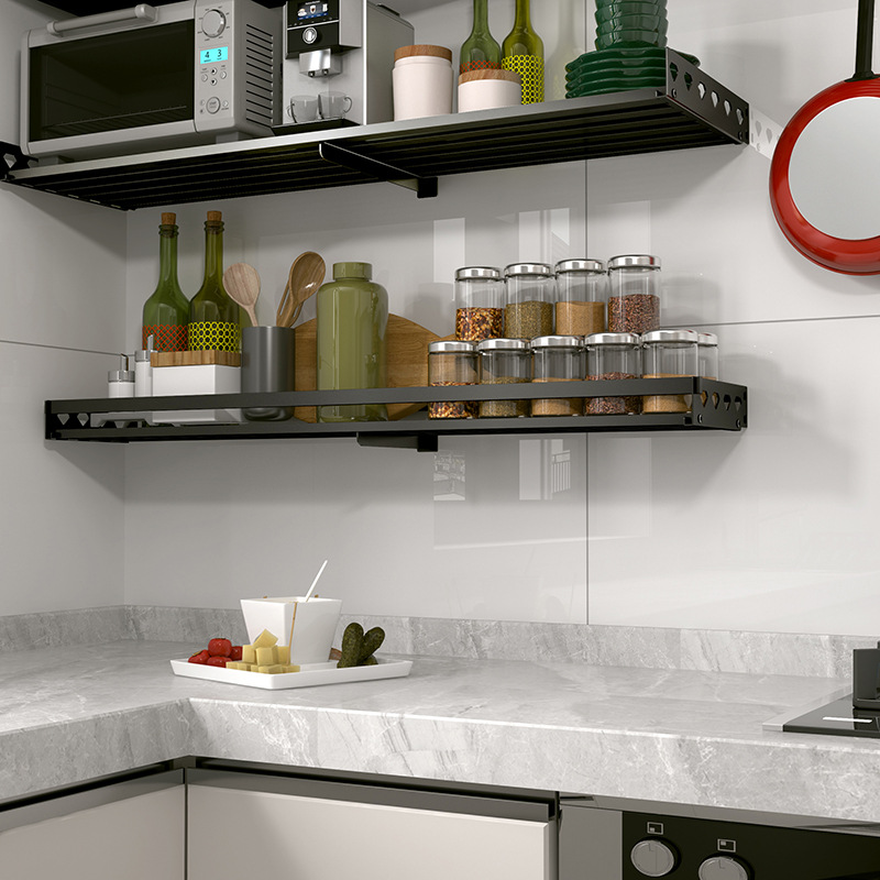 Estante de horno de microondas de acero inoxidable negro montado en la pared estante de almacenamiento de cocina sin perforaciones horno cocina de arroz soporte estante de almacenamiento