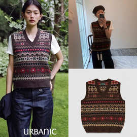 现h韩国同款urbanic羊毛厚实复古费尔岛提花针织背心马甲叠穿背心