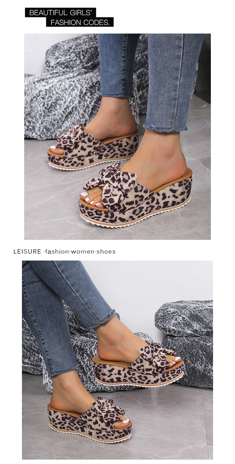 Women's Casual Solid Color Leopard Bowknot Round Toe Wedge Slippers display picture 3