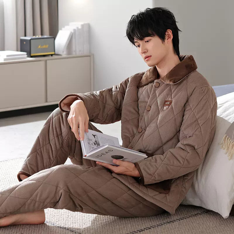 新款冬季男士三层夹棉灯芯绒睡衣加绒加厚可外穿休闲居家两件套男