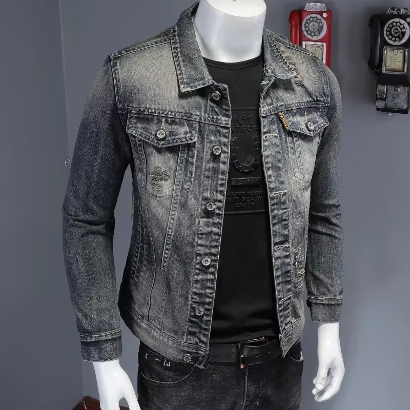 Retro hacer chaqueta de vaquero viejo hombre estilo coreano delgado tendencia guapo chaqueta de trabajo primavera y otoño 2024 ropa de motocicleta