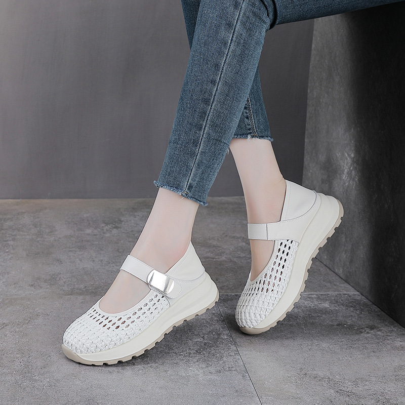 Sandal Mary Jane nữ da bò thật đế dày tăng chiều cao — màu be