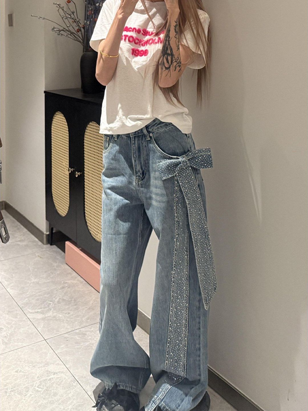 Women's Retro Style Rhinestone Bow Tie Denim Jeans Star Print Loose Fit Casual Long Pants For Spring And Autumn_voghion.com