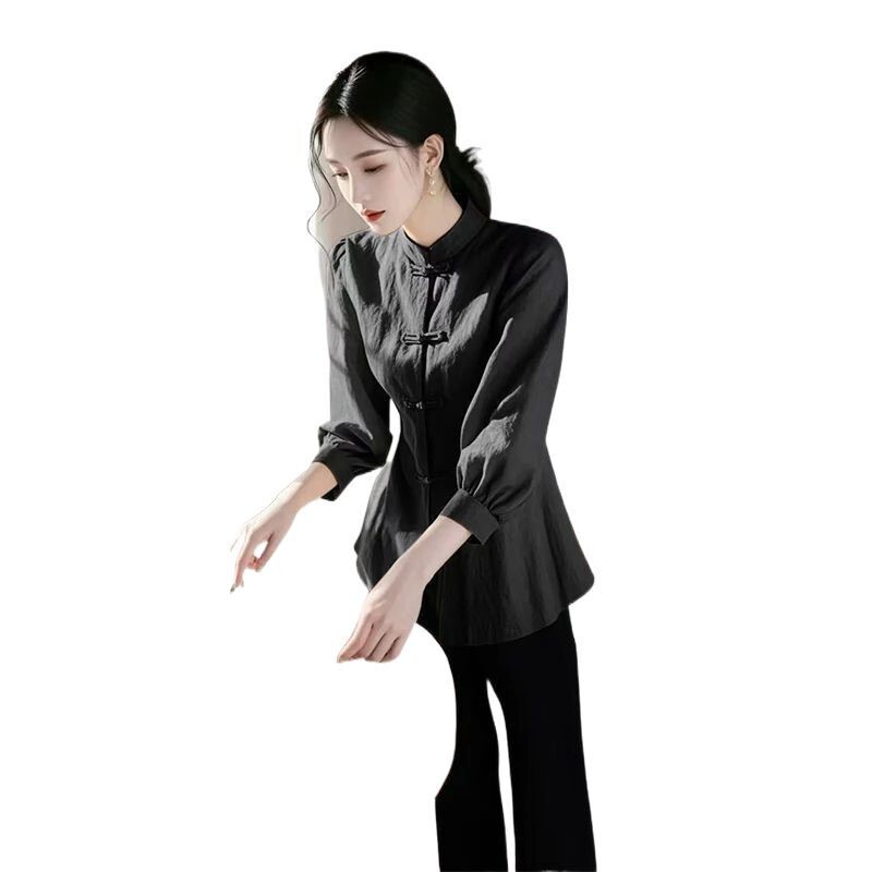新しい中国風の女性のためのトップス 2025 春と秋の新しいハイエンド西洋スタイルの人気のウエストリネンシャツ|undefined