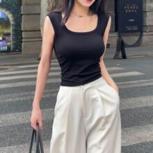 张贝贝同款美式显瘦带胸垫U领宽肩带百搭背心女遮副乳无袖上衣女