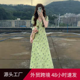 精致连衣裙碎花黑色女夏季新款收腰显瘦短袖a字长裙子微胖显瘦