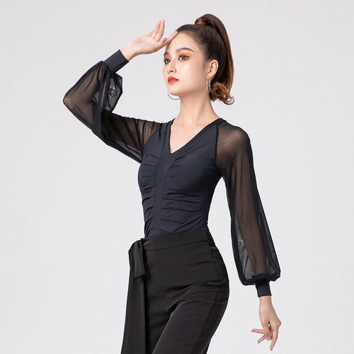 New nylon Latin dance practice clothes for women, lantern long sleeves, fashionable modern dance tops, ballroom dance clothes