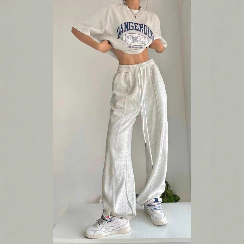 Grey American Style Sports Pants Fleece-Lined Thickened High Waist Casual Straight High Street Loose Draped Wide-Leg Pants