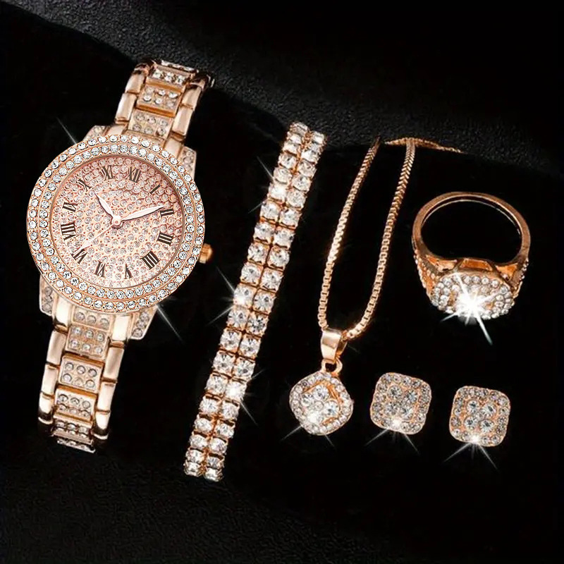 Explosions Women's Watch Supply Conjunto de cinco peças com relógio feminino de diamante Relógio de quartzo romano da moda feminina_voghion.com