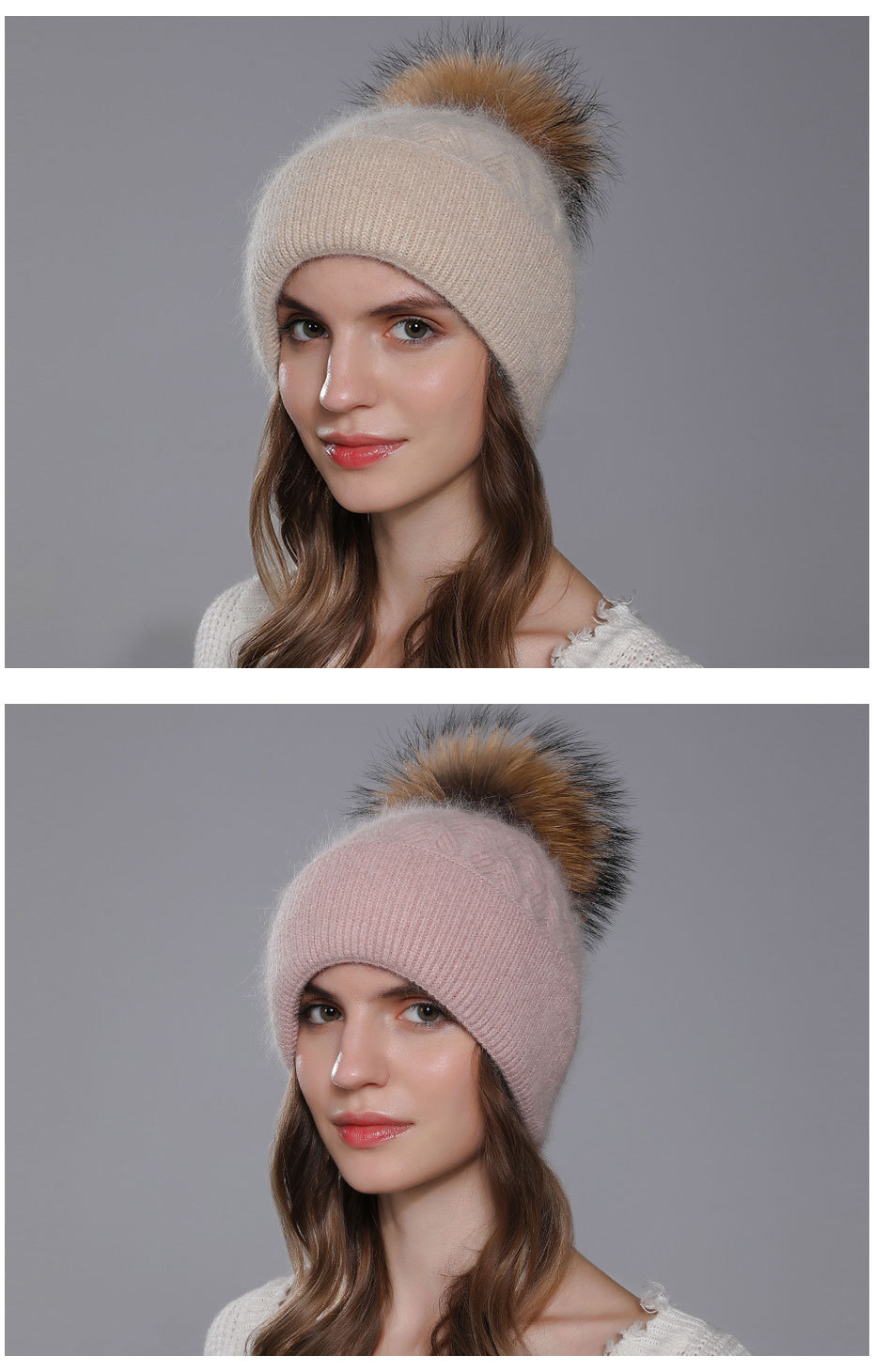 Nuevo Gorro de lana con pelo de conejo Angora tejido para mujer, giros de masa frita para invierno, gorro de lana con brida de doble capa, Bola de pelo de perro mapache,_voghion.com