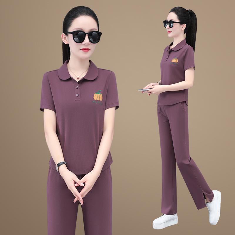 Polo Collar Short-Sleeve Wide-Leg Pants Purple Left Chest Pumpkin Embroidery Pattern Women's Summer Casual Two-Piece Set Polo Collar Short-Sleeve Wide-Leg Pants Purple Left Chest Pumpkin Embroidery Pattern Women's Summer Casual Two-Piece Set