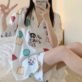 YS8实拍仿棉 夏季日系卡通可爱蜡笔小新睡衣女短袖短裤家居服套装
