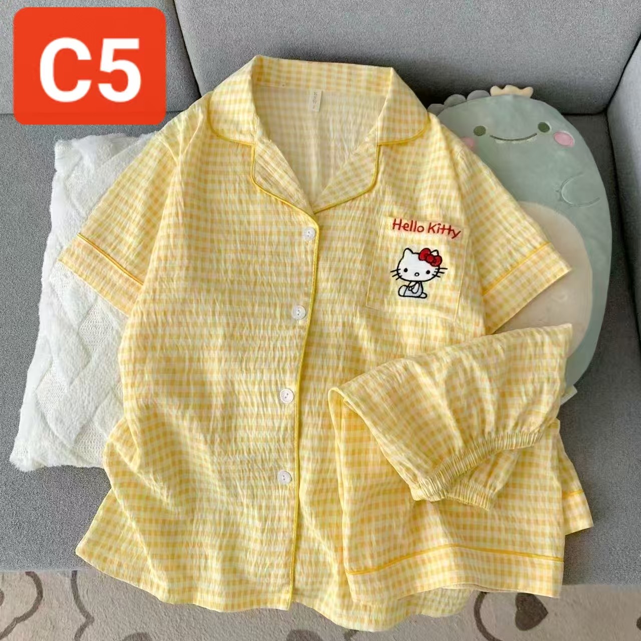 Pijamas de algodón nubes al por mayor transfronterizos de verano nuevos pantalones cortos de manga corta cardigan con solapas japonesas y coreanas de dibujos animados a cuadros