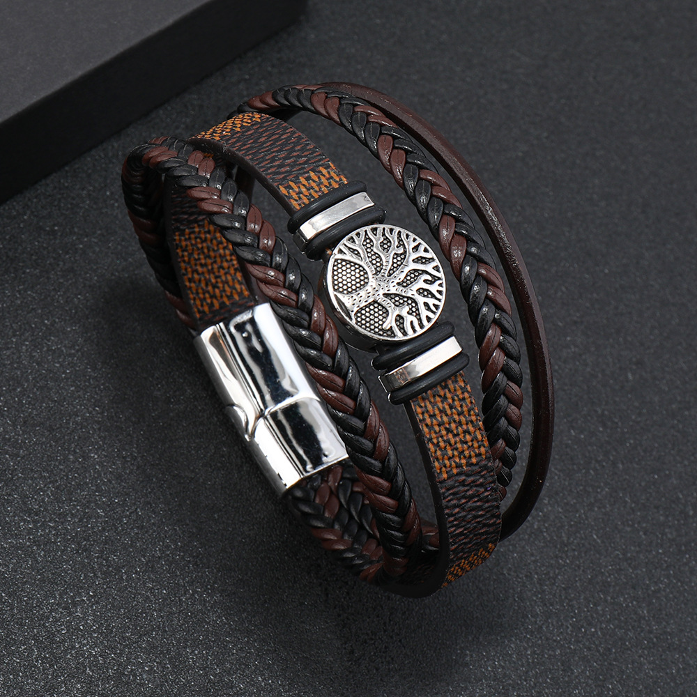 Pletena kožna narukvica, modna punk stil, višeslojna muška narukvica, modni trend, narukvica s osobnošću drva života_voghion.com