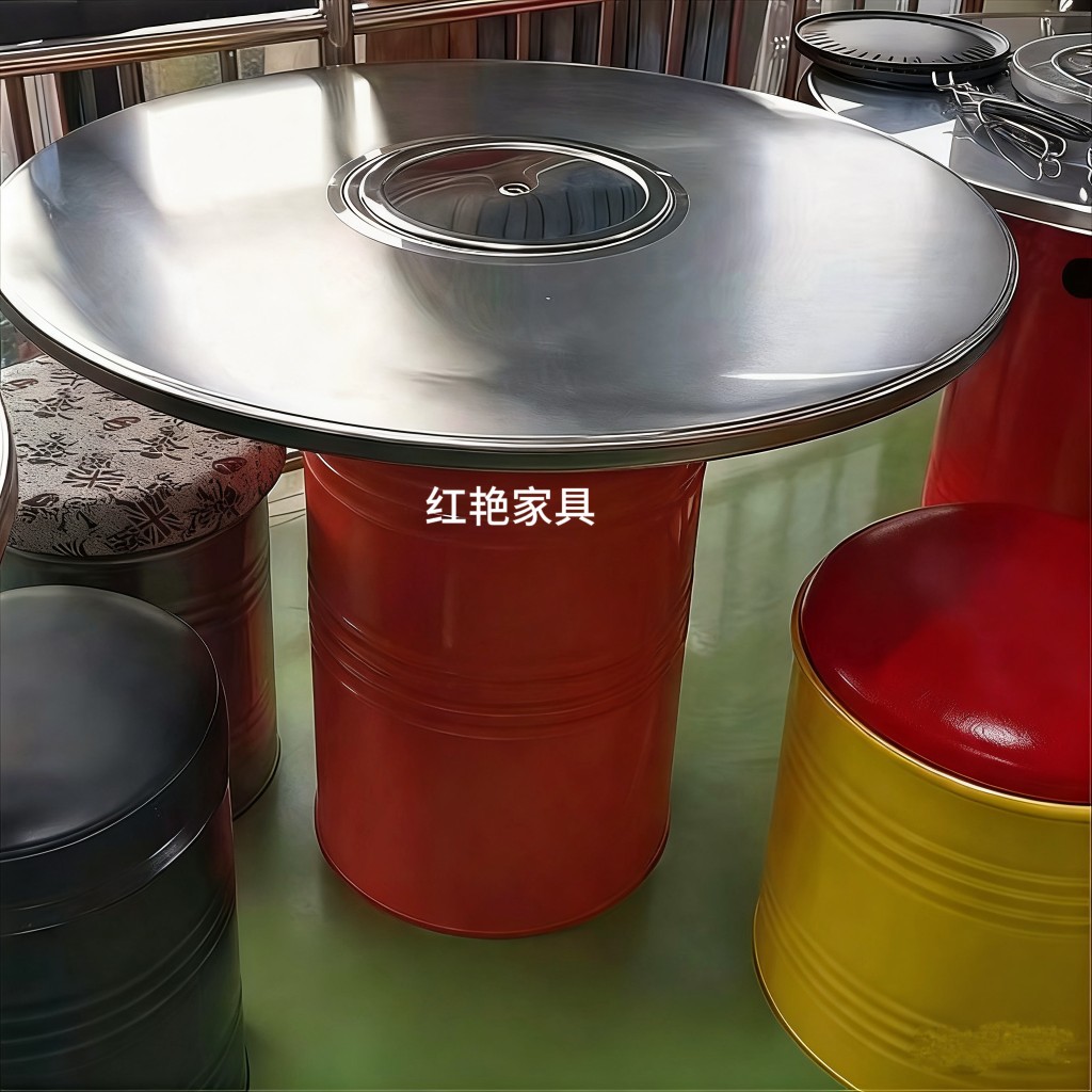 Commercial Stainless Steel Barbecue Table, Food Stall Round Table, Industrial Oil Barrel Smokeless Table, Hot Pot Table, Integrated Table and Chairs