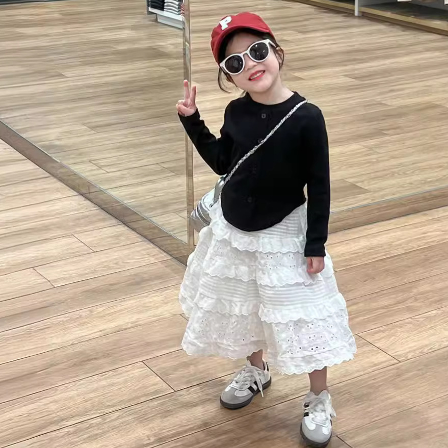 童裝女童裙子2024春裝氣質白色半身裙長裙蕾絲蛋糕裙花邊公主裙