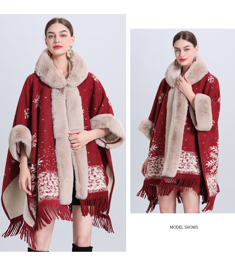 Loose and fleece thick woolen collar hooded fringe knitted shawl cape plus-size woolen coat_voghion.com