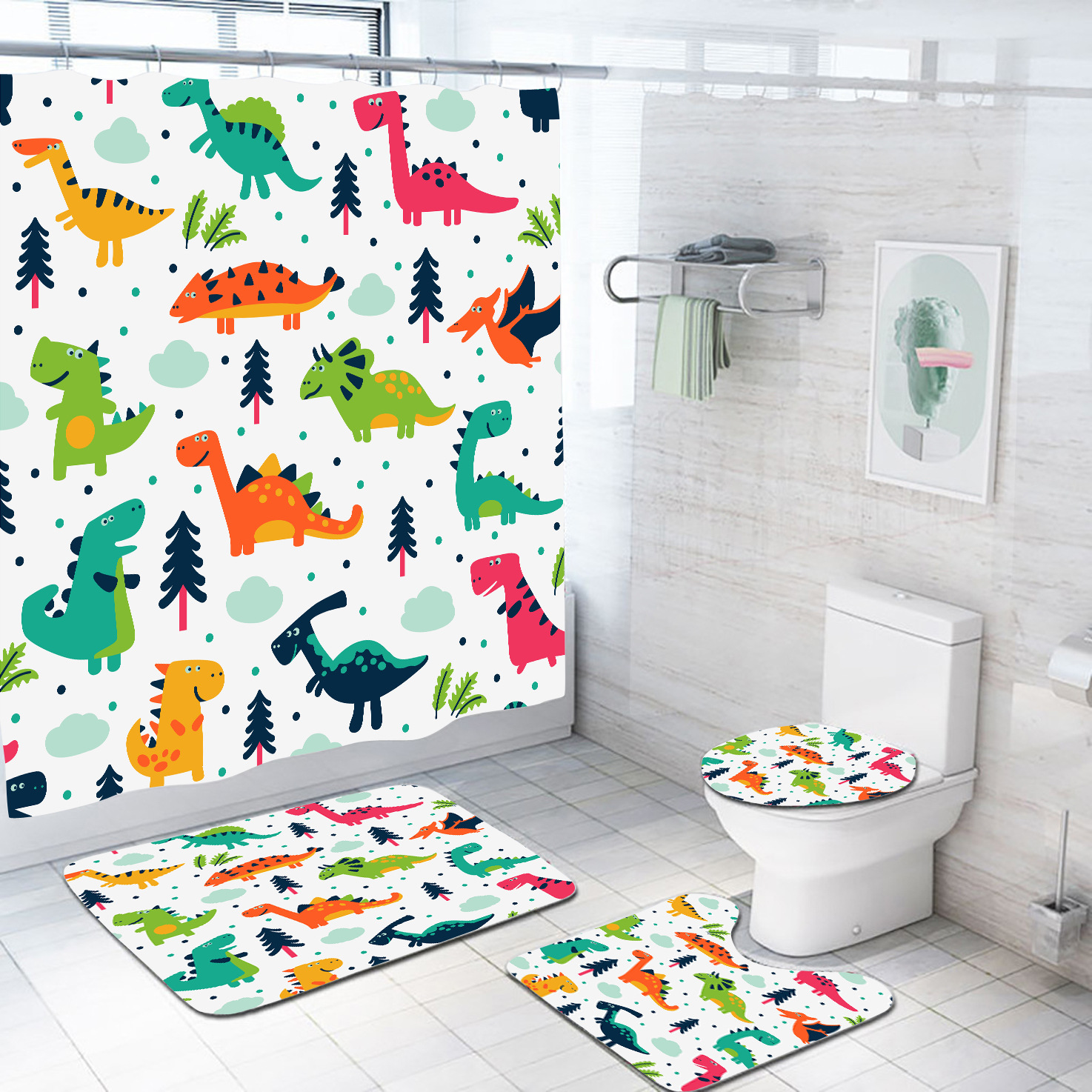 Cortina de ducha impermeable de poliéster, diseño de dinosaurio, serie de 4 piezas